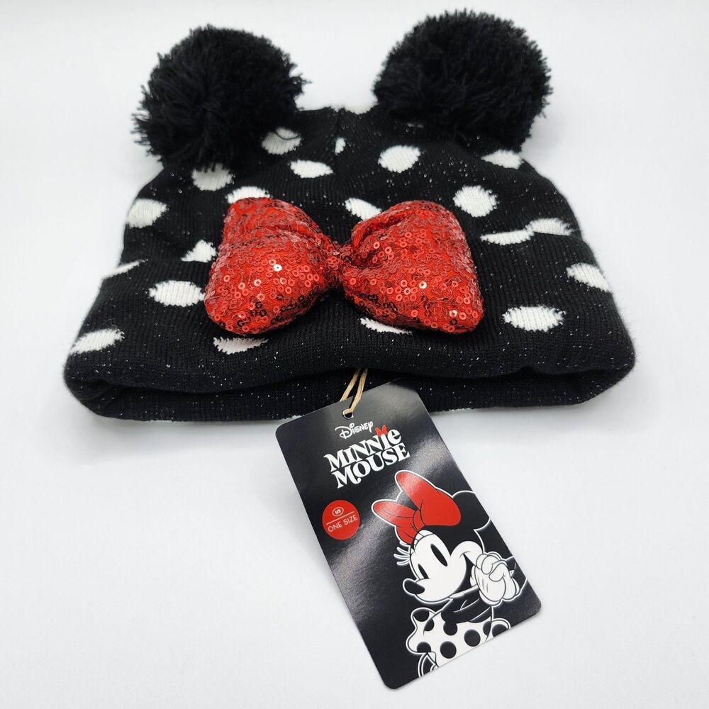 Disney Minnie Mouse Polka Dot Knit Beanie Hat w/ Ears Red Sequin Bow One Size